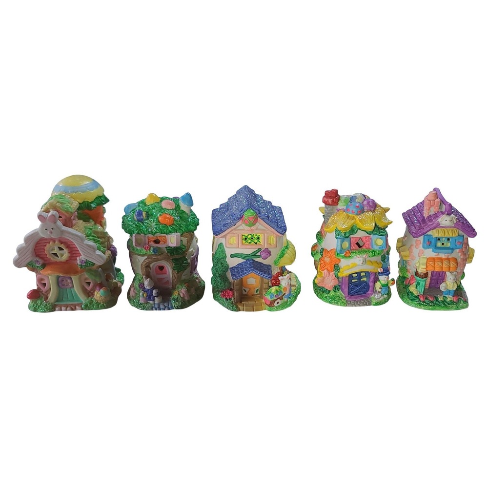 Vintage Easter Ceramic House Village‎ Set of 5 Hoppy Hollow 2000's